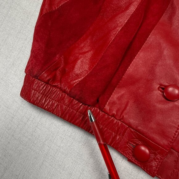Vintage 80s Red Leather Suede Panel Jacket Batwing Button Front Bomber Size 36 - Picture 6 of 14